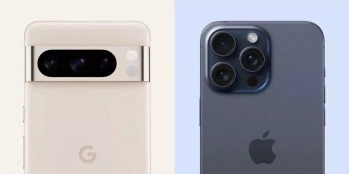 Điện thoại Google Pixel 8 Pro và iPhone 15 Pro Max (Ảnh: Internet) Điện thoại Google Pixel 8 Pro và iPhone 15 Pro Max (Ảnh: Internet)