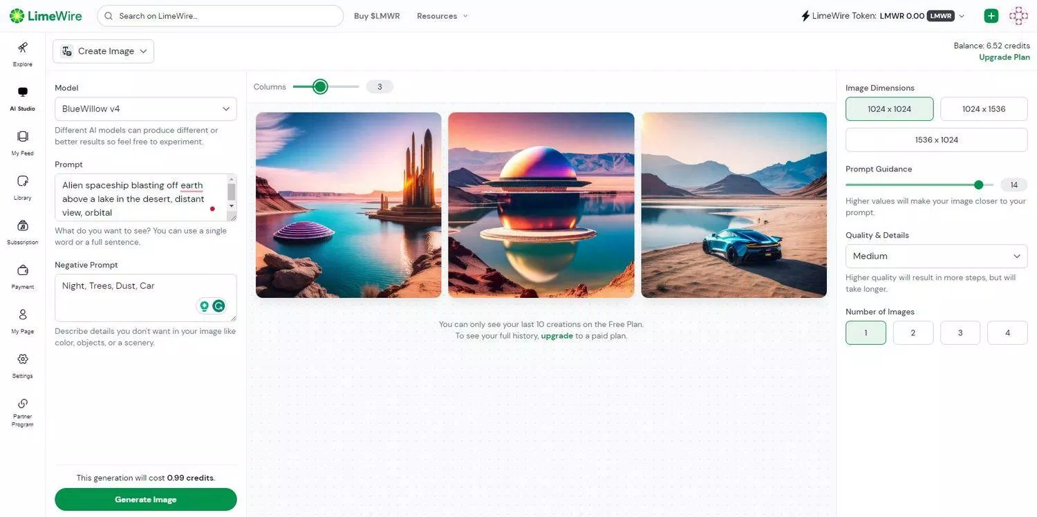Lịch sử tạo hình ảnh bằng AI trong LimeWire (Ảnh: Internet) Lịch sử tạo hình ảnh bằng AI trong LimeWire (Ảnh: Internet)