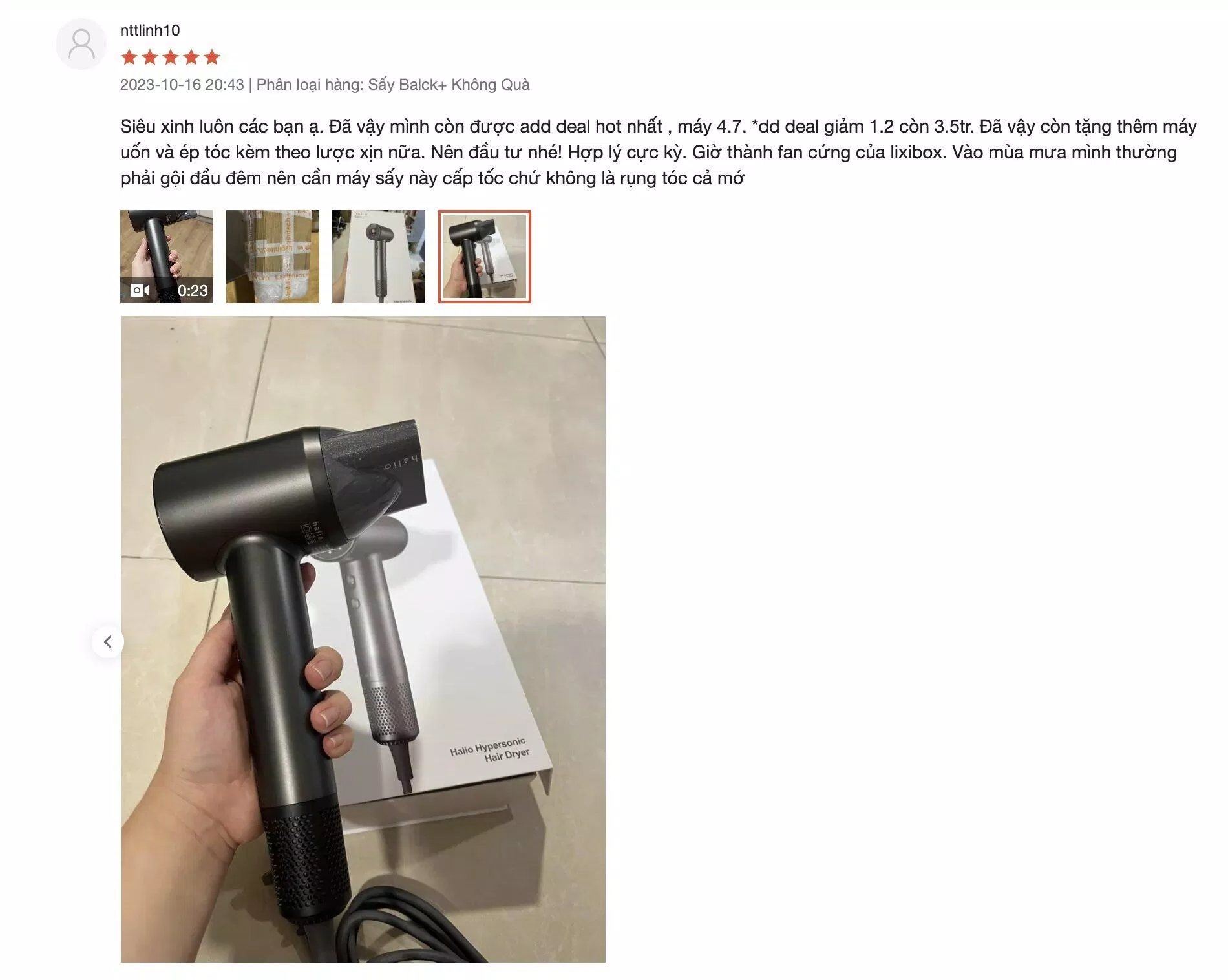 Đánh giá tích cực của khách hàng về máy sấy tóc Halio Hypersonic Hair Dryer.