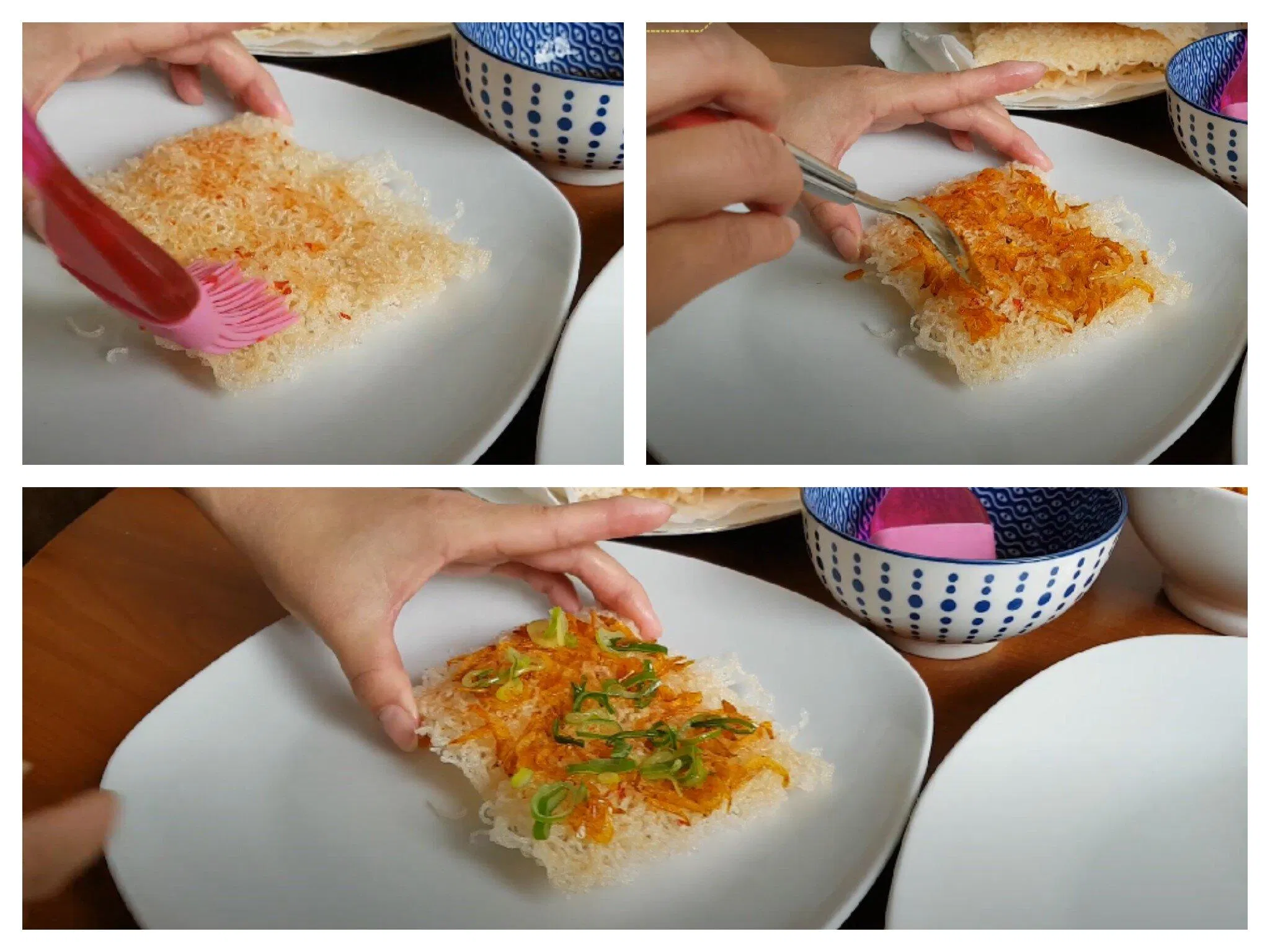 Phết nước mắm, tôm khô và mỡ hành lên cơm cháy