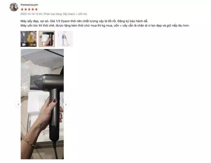 Đánh giá tích cực của khách hàng về máy sấy tóc Halio Hypersonic Hair Dryer.