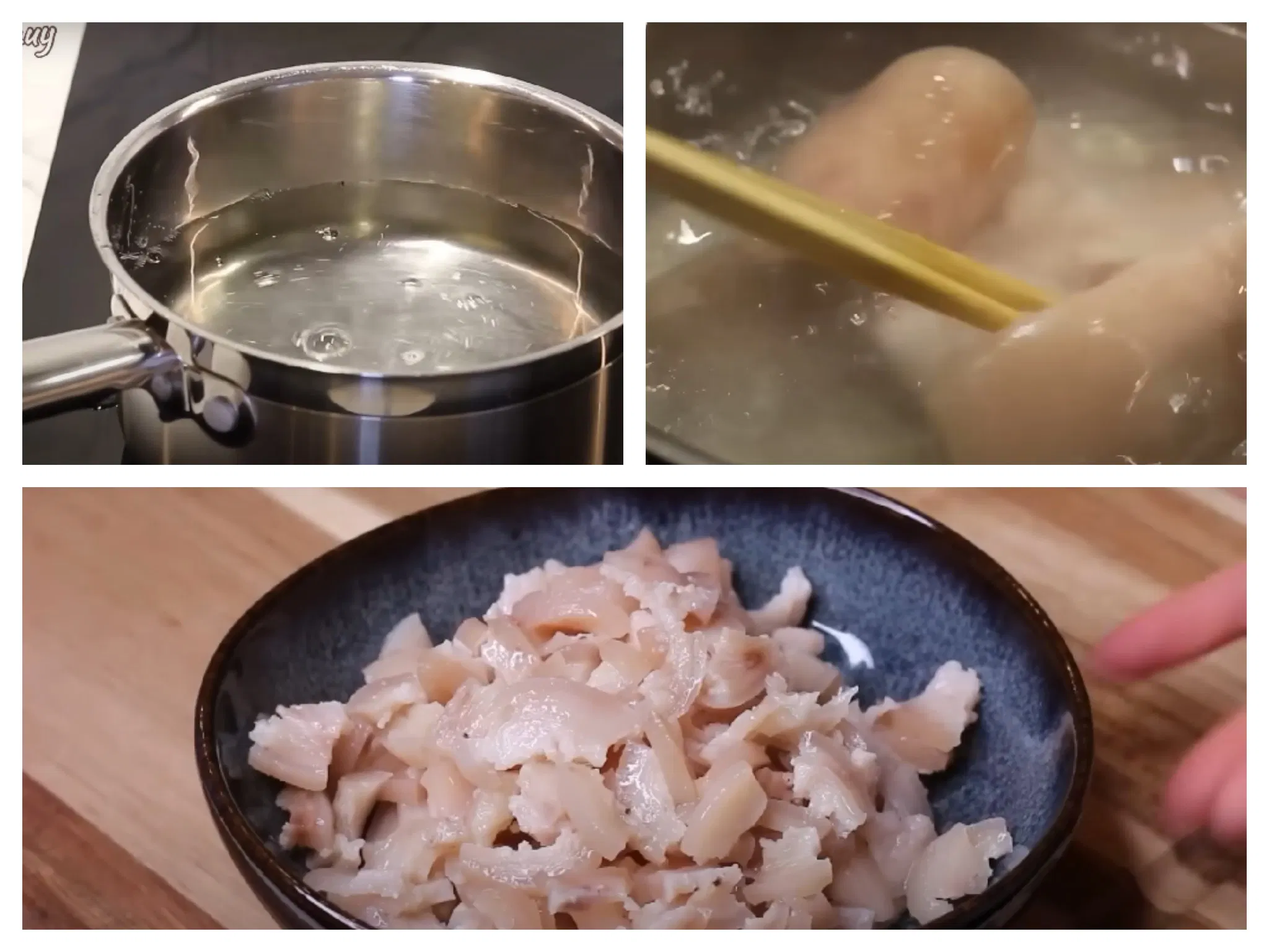Chần và cắt nhỏ da heo