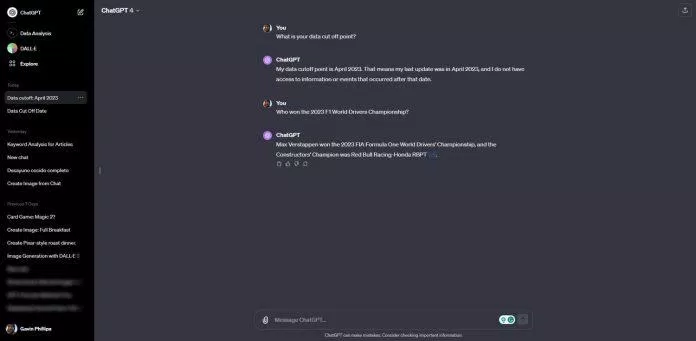 ChatGPT trả lời về thời điểm cập nhật dữ liệu của nó (Ảnh: Internet) ChatGPT trả lời về thời điểm cập nhật dữ liệu của nó (Ảnh: Internet)