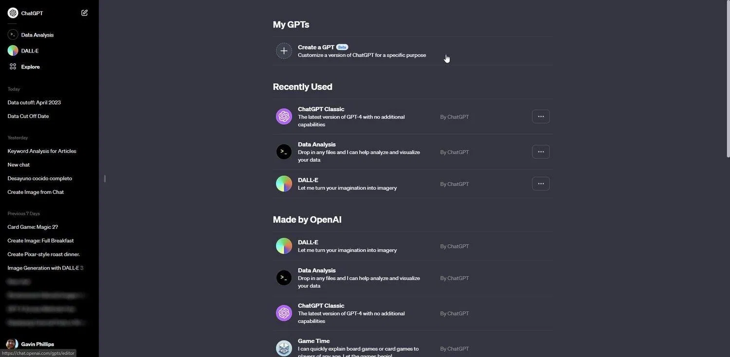 Danh sách các mô hình GPT mới tháng 11/2023 (Ảnh: Internet) Danh sách các mô hình GPT mới tháng 11/2023 (Ảnh: Internet)