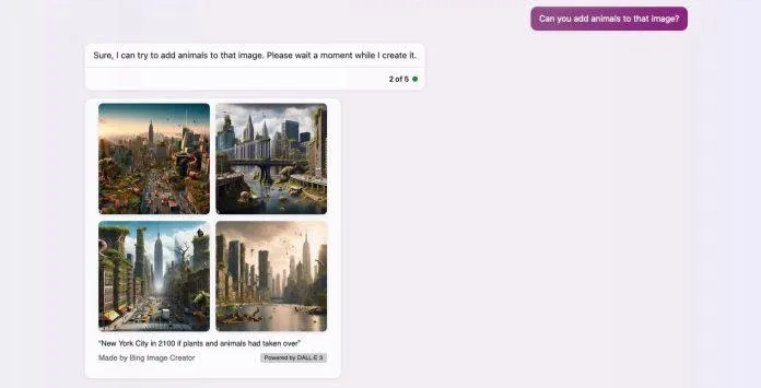 Hình ảnh thành phố New York tràn ngập thực vật và động vật do DALL-E 3 tạo ra (Ảnh: Internet) Hình ảnh thành phố New York tràn ngập thực vật và động vật do DALL-E 3 tạo ra (Ảnh: Internet)