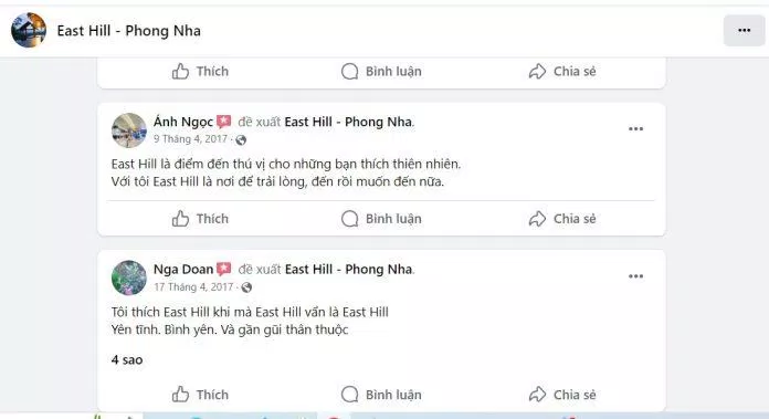 Những đánh giá East Hill Phong Nha trên mạng xã hội. Nguồn internet