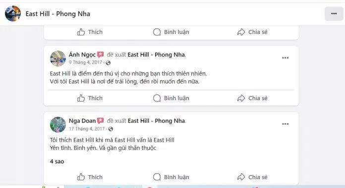 Những đánh giá East Hill Phong Nha trên mạng xã hội. Nguồn internet Những đánh giá East Hill Phong Nha trên mạng xã hội. Nguồn internet