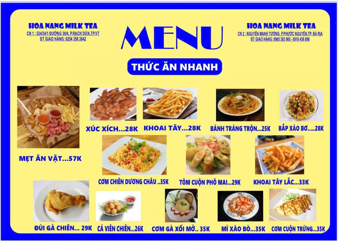 Menu thức uống tại Trà sữa Hoa Nắng. (Ảnh: Internet)