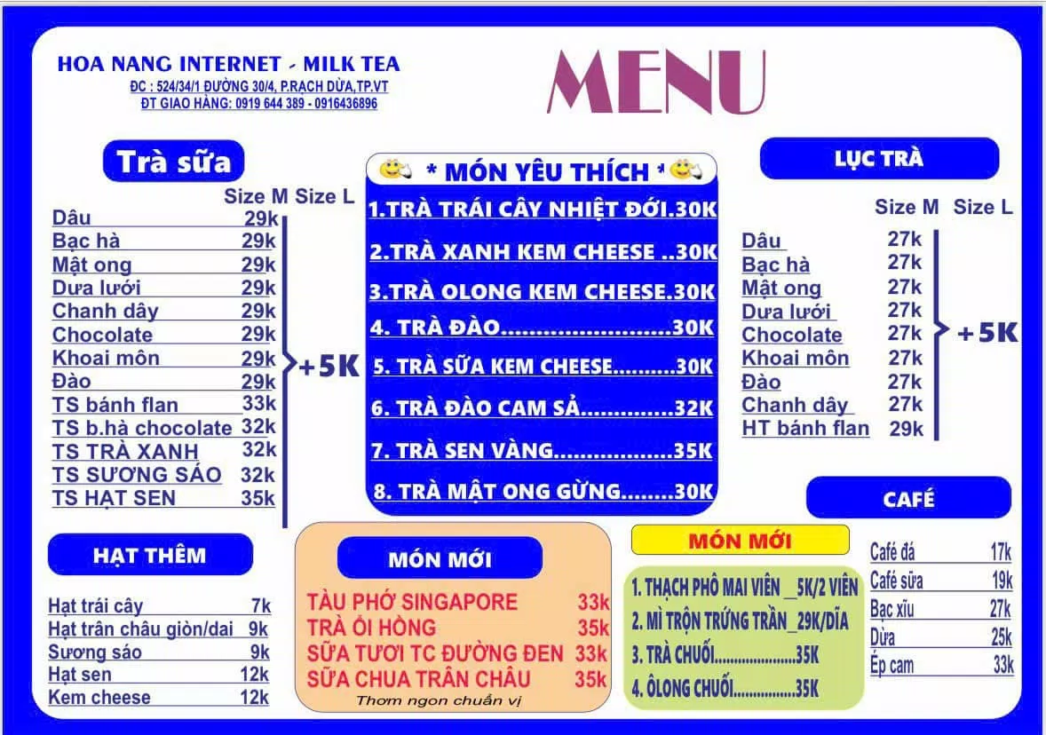 Menu thức uống tại Trà sữa Hoa Nắng. (Ảnh: Internet)