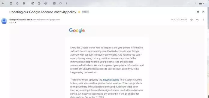 Email của Google thông báo về việc xóa các tài khoản không hoạt động (Ảnh: Internet) Email của Google thông báo về việc xóa các tài khoản không hoạt động (Ảnh: Internet)