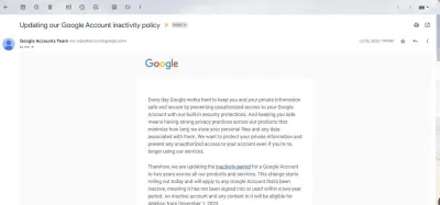 Email của Google thông báo về việc xóa các tài khoản không hoạt động (Ảnh: Internet) Email của Google thông báo về việc xóa các tài khoản không hoạt động (Ảnh: Internet)
