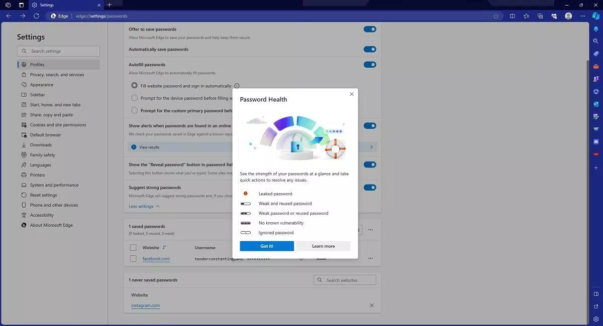 Tính năng Password Health của Microsoft Edge (Ảnh: Internet)