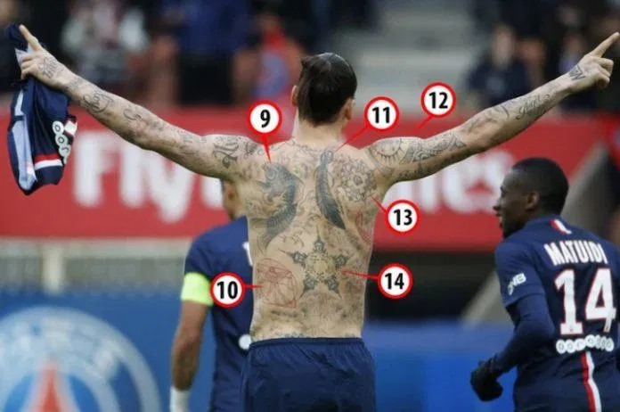 Zlatan và những hình xăm sau lưng. (nguồn: Internet) Zlatan và những hình xăm sau lưng. (nguồn: Internet)