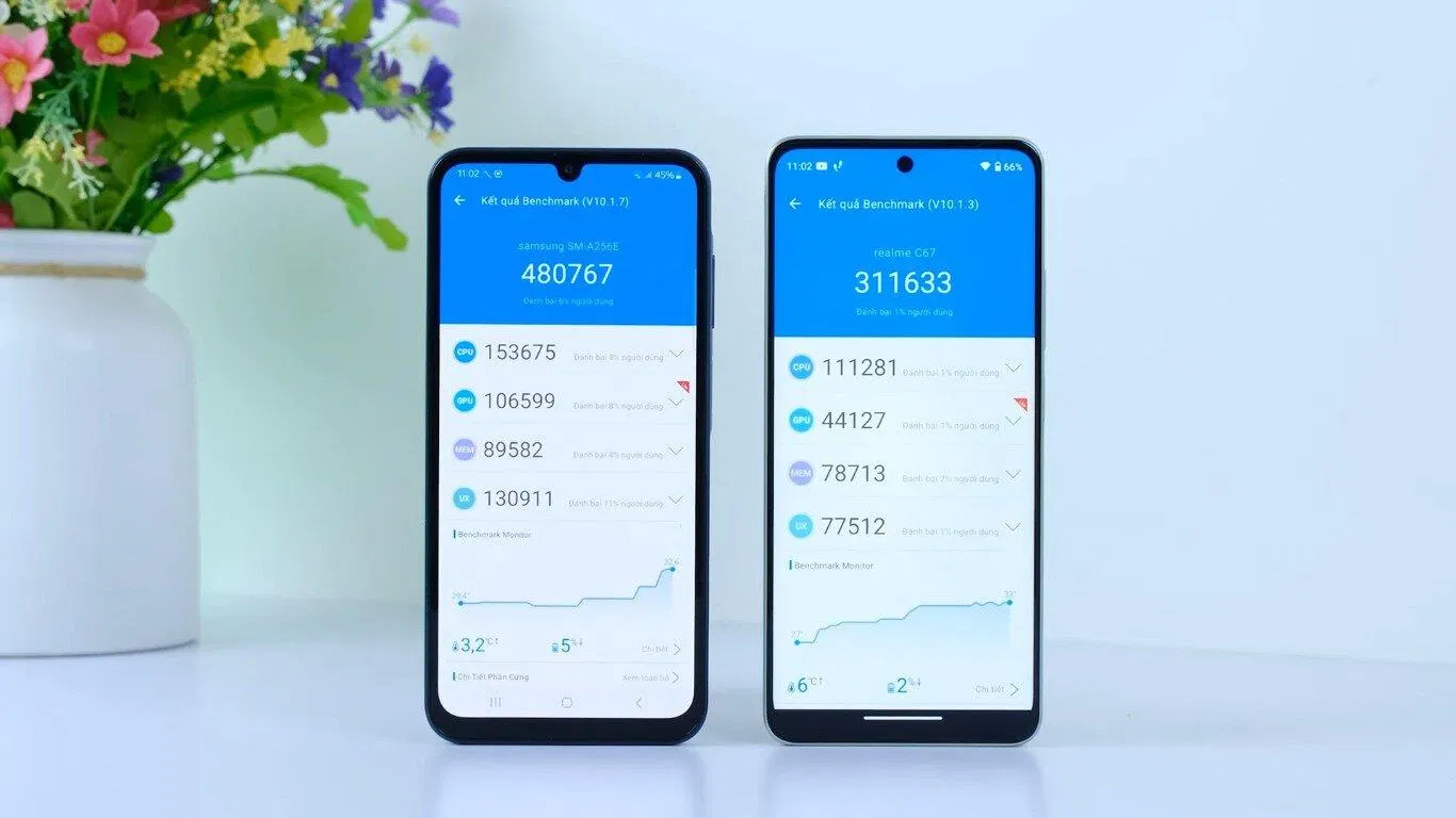 Điểm Antutu của Galaxy A25 và realme C67 (Ảnh: Internet)