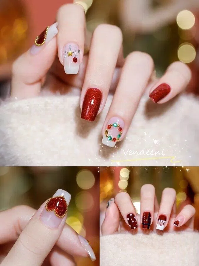 Mẫu nail Giáng Sinh màu đỏ rực rỡ (Ảnh: Internet)