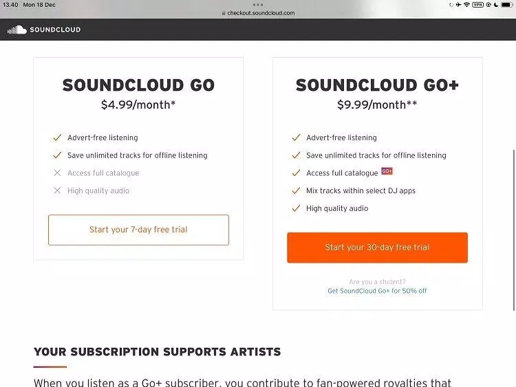 Các gói đăng ký có trả phí của SoundCloud (Ảnh: Internet)