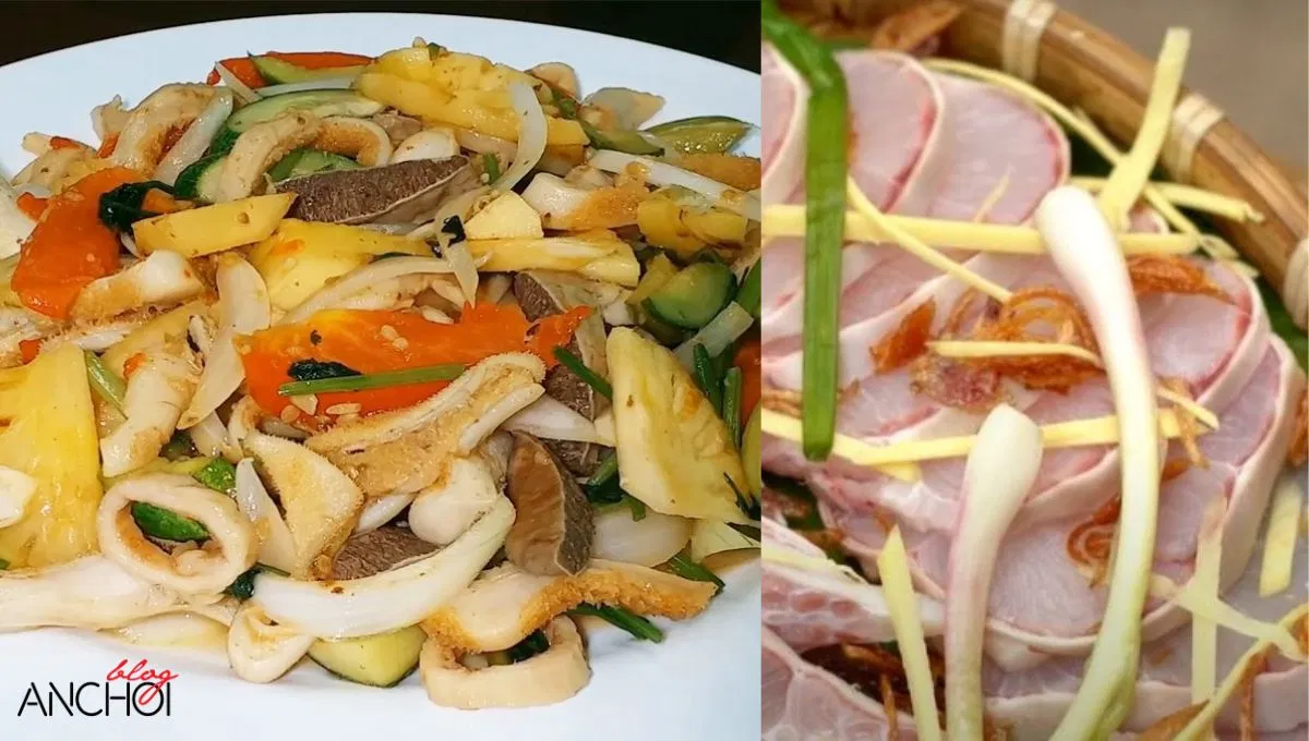 Lòng xào, cá nhúng giấm - ẩm thực nhà sàn ( Ảnh: BlogAnChoi )