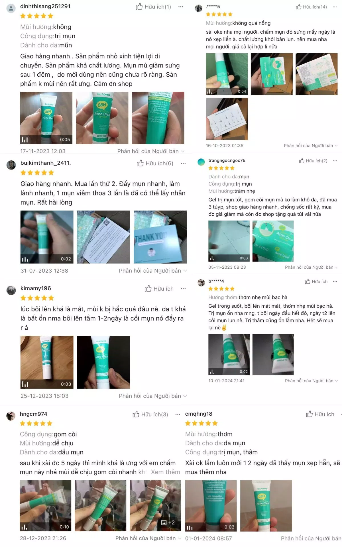 Đánh giá của khách hàng trên Shopee về gel chấm mụn Dr.PONG 28H Whitening Drone Acne Clear (Nguồn: Internet)