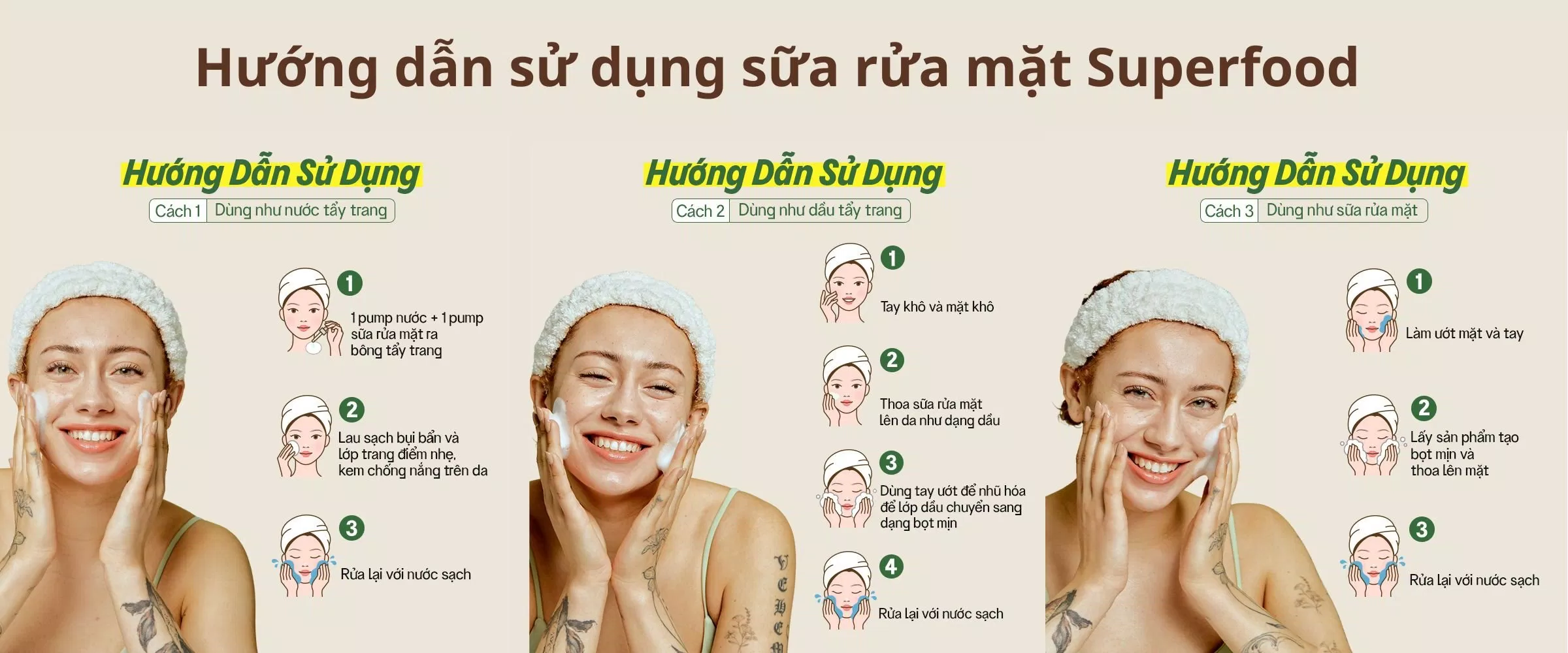 Hướng dẫn sử dụng sữa rửa mặt Superfood 2 trong 1. (Nguồn: Internet)