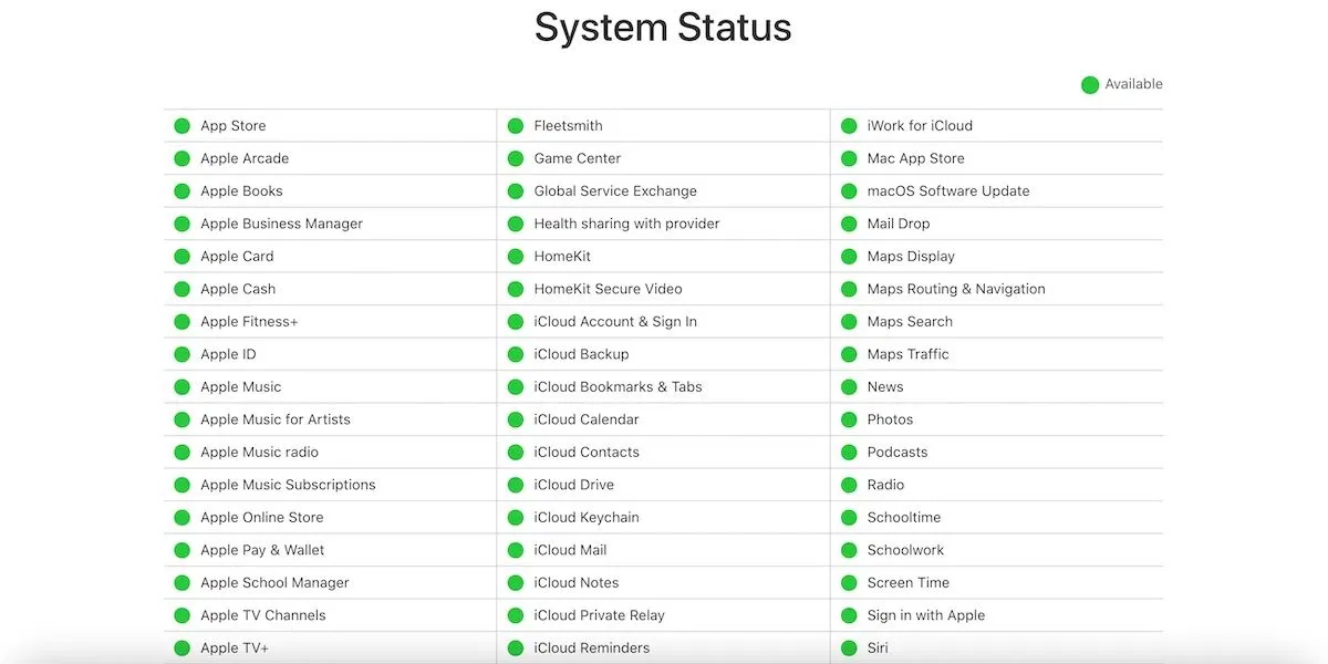 Trang chủ Trạng thái hệ thống của Apple (Ảnh: Internet) Trang chủ Trạng thái hệ thống của Apple (Ảnh: Internet)