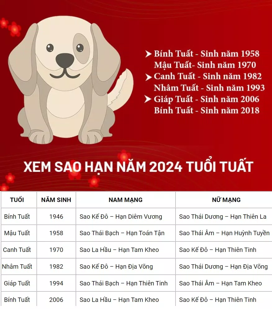 Bảng sao chiếu mệnh 2024 của 12 con giáp (Ảnh: Internet)