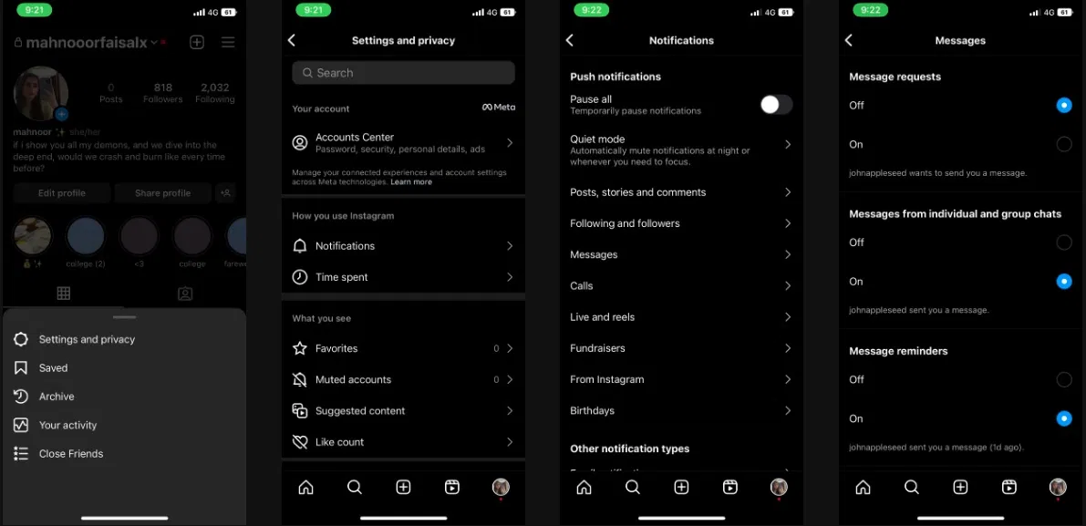 Cách bật thông báo tin nhắn Instagram trên thiết bị (Ảnh: Internet)