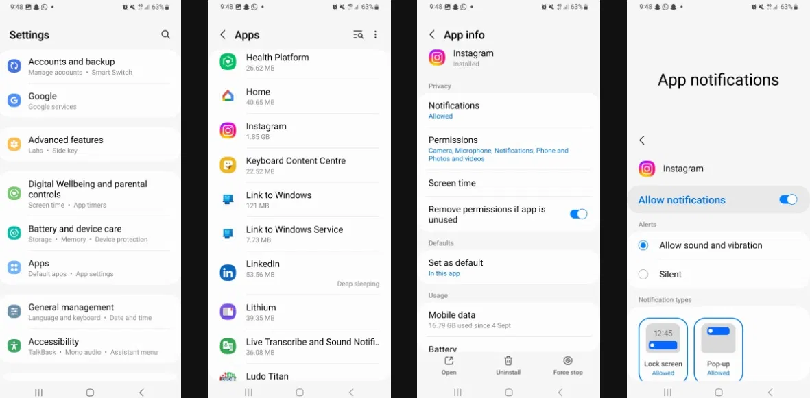 Cài đặt hiển thị thông báo Instagram trên Android (Ảnh: Internet)