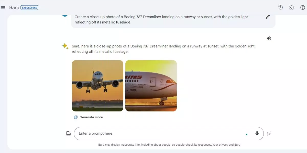 Sử dụng Bard để tạo hình ảnh máy bay (Ảnh: Internet) Sử dụng Bard để tạo hình ảnh máy bay (Ảnh: Internet)