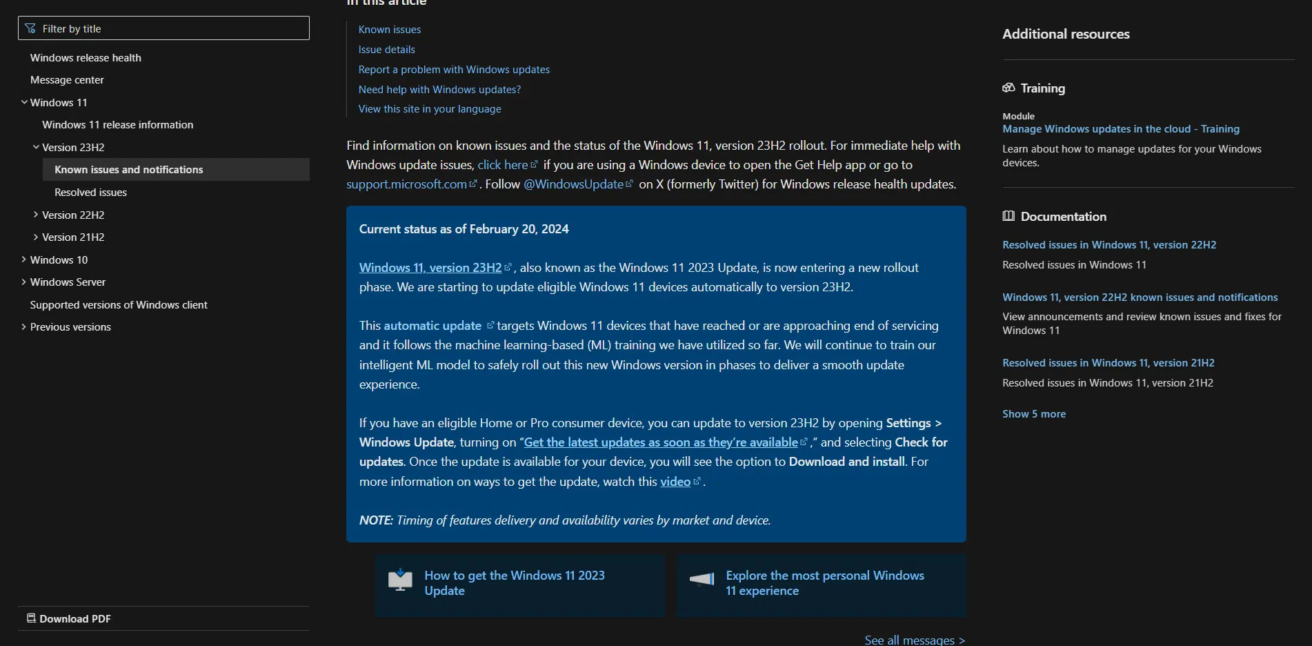 Microsoft thông báo về quá trình phát hành Windows 11 phiên bản 23H2 trên trang web chính thức của mình (Ảnh: Internet)