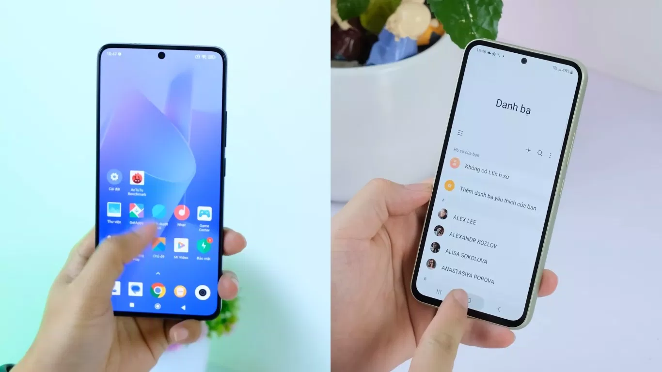 Mặt trước của Poco X6 Pro ( bên trái) và Galaxy A54 (bên phải) (Ảnh: Internet)