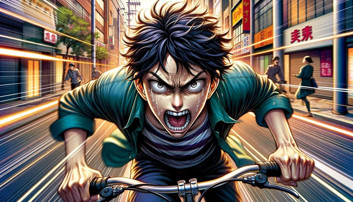 Hình ảnh người đàn ông giận dữ chạy xe đạp theo phong cách anime (Ảnh: Internet) Hình ảnh người đàn ông giận dữ chạy xe đạp theo phong cách anime (Ảnh: Internet)