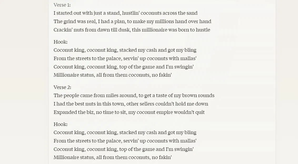 Lời rap về dừa để làm giàu do Claude viết ra (Ảnh: Internet) Lời rap về dừa để làm giàu do Claude viết ra (Ảnh: Internet)