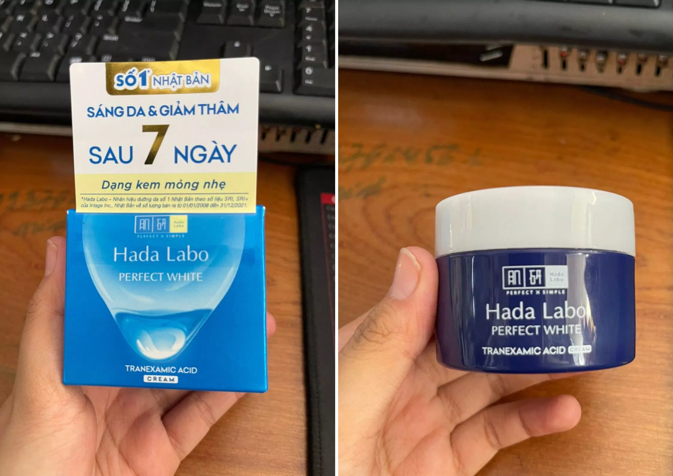 Trên tay bao bì kem dưỡng Hada Labo Perfect White Tranexamic Acid Cream (Ảnh: Internet).