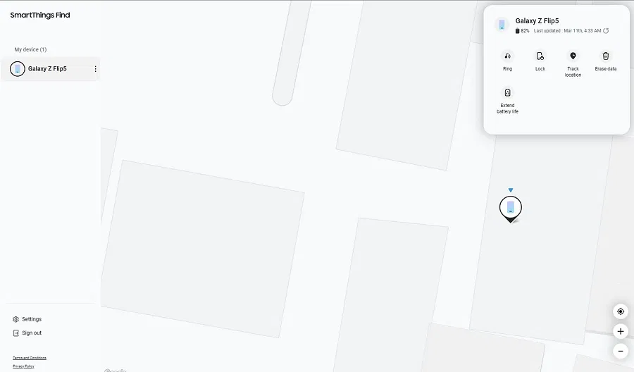 SmartThings Find hiển thị vị trí của điện thoại Galaxy Z Flip 5 (Ảnh: Internet) SmartThings Find hiển thị vị trí của điện thoại Galaxy Z Flip 5 (Ảnh: Internet)