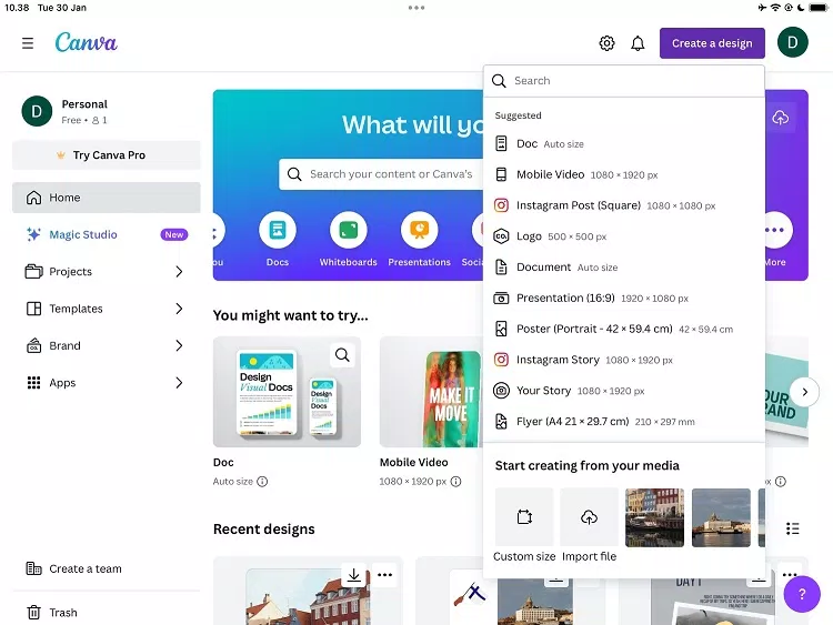 Chọn kích thước tùy chỉnh trong ứng dụng Canva trên iPad (Ảnh: Internet) Chọn kích thước tùy chỉnh trong ứng dụng Canva trên iPad (Ảnh: Internet)