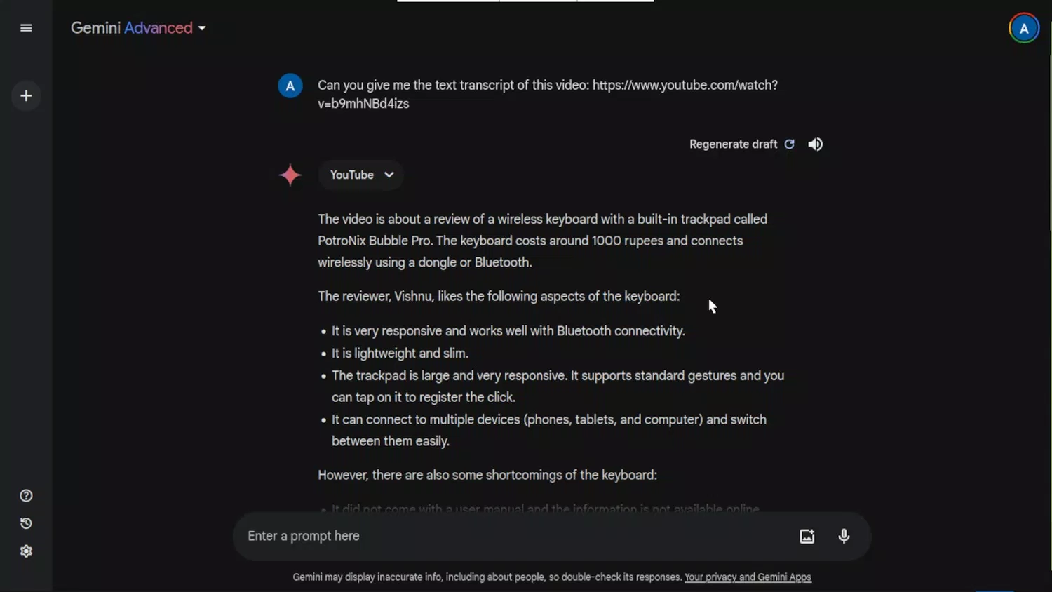 Kết quả tạo bản thuyết minh video của Gemini (Ảnh: Internet) Kết quả tạo bản thuyết minh video của Gemini (Ảnh: Internet)