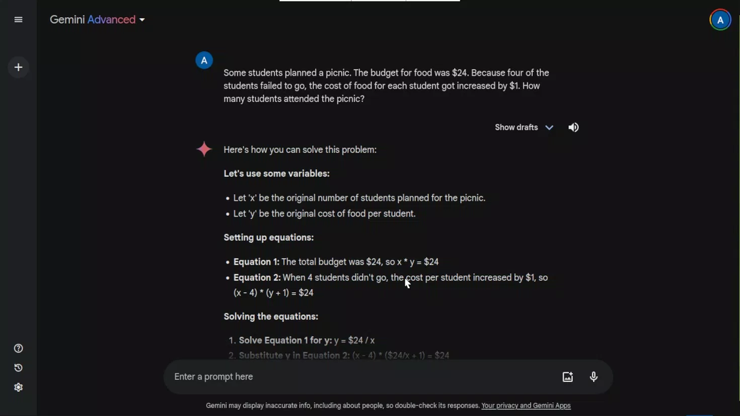 Gemini trả lời câu đố logic toán học (Ảnh: Internet) Gemini trả lời câu đố logic toán học (Ảnh: Internet)