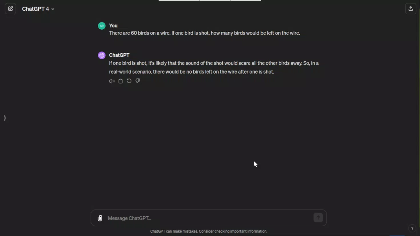 ChatGPT trả lời câu đố mẹo (Ảnh: Internet) ChatGPT trả lời câu đố mẹo (Ảnh: Internet)