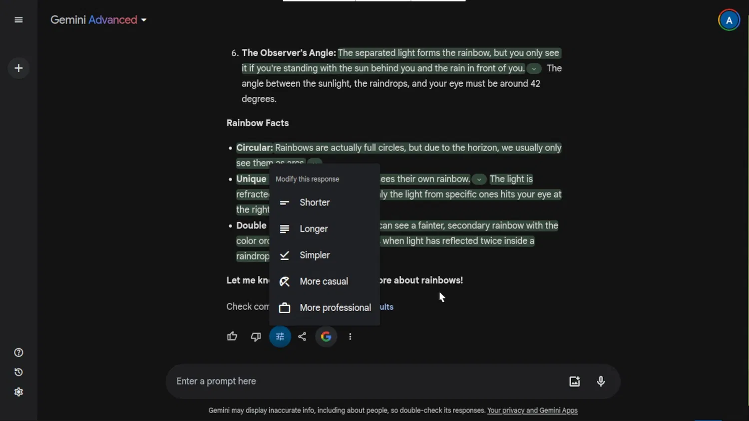 Tính năng điều chỉnh câu trả lời của Gemini (Ảnh: Internet) Tính năng điều chỉnh câu trả lời của Gemini (Ảnh: Internet)