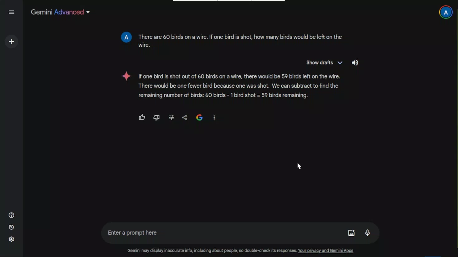 Gemini trả lời câu đố mẹo (Ảnh: Internet) Gemini trả lời câu đố mẹo (Ảnh: Internet)