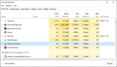Khởi động lại Windows Explorer trong Task Manager của Windows 11 (Ảnh: Internet) Khởi động lại Windows Explorer trong Task Manager của Windows 11 (Ảnh: Internet)