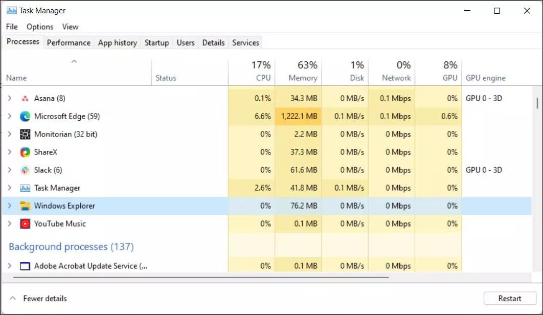 Khởi động lại Windows Explorer trong Task Manager của Windows 11 (Ảnh: Internet) Khởi động lại Windows Explorer trong Task Manager của Windows 11 (Ảnh: Internet)