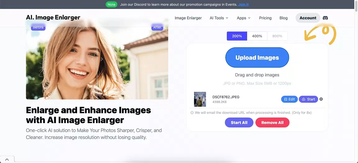 Nhấn nút Start All trên trang web AI Image Enlarger (Ảnh: Internet)