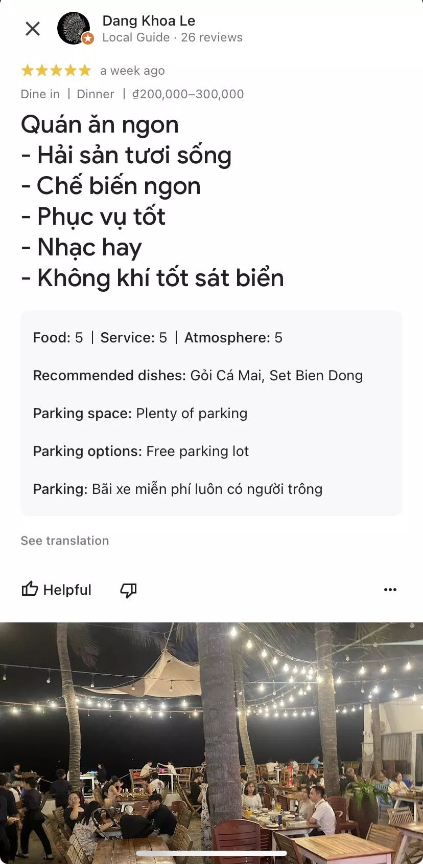 Đánh giá của khách hàng về Một Nắng Seafood Restaurant (nguồn: Internet)