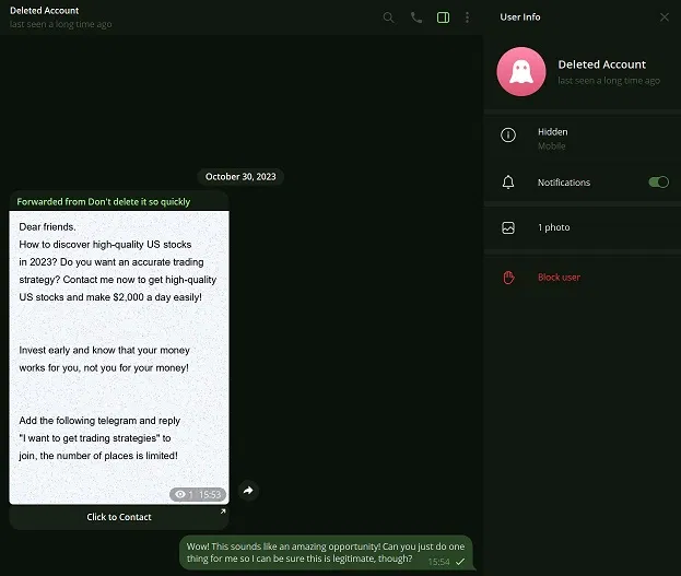 Lừa đảo bằng cách lôi kéo đầu tư trên Telegram (Ảnh: Internet) Lừa đảo bằng cách lôi kéo đầu tư trên Telegram (Ảnh: Internet)