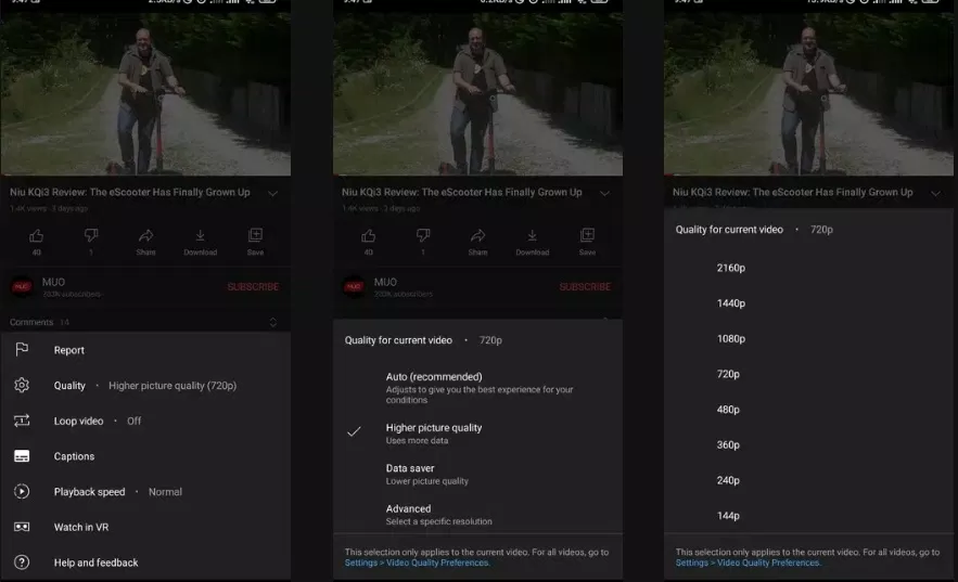 Chọn chất lượng video YouTube trên di động (Ảnh: Internet)