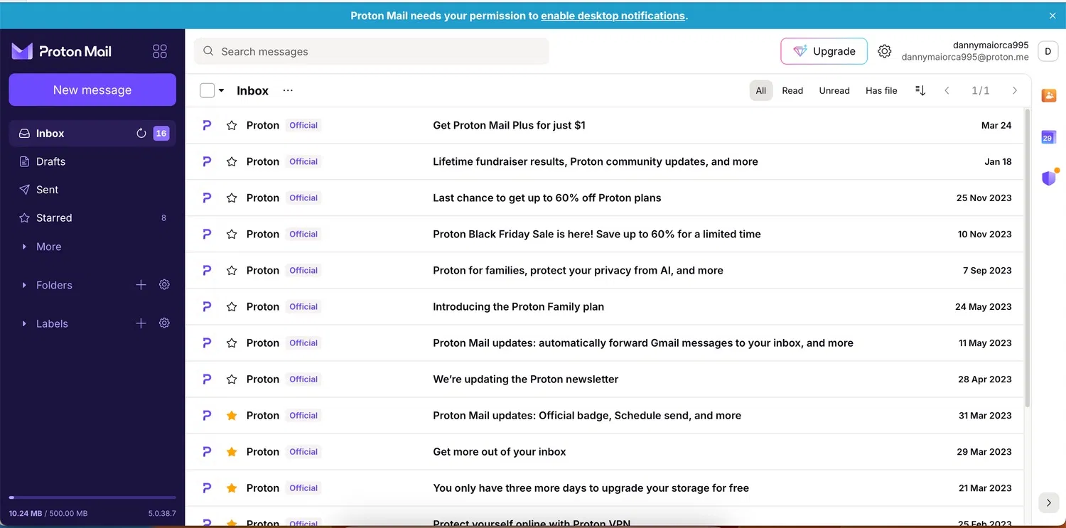 Giao diện của Proton Mail trên máy Mac (Ảnh: Internet) Giao diện của Proton Mail trên máy Mac (Ảnh: Internet)