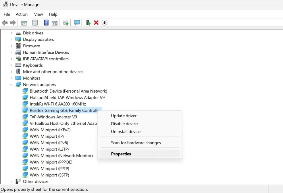 Mở Properties của adapter mạng trong Device Manager của Windows 11 (Ảnh: Internet) Mở Properties của adapter mạng trong Device Manager của Windows 11 (Ảnh: Internet)