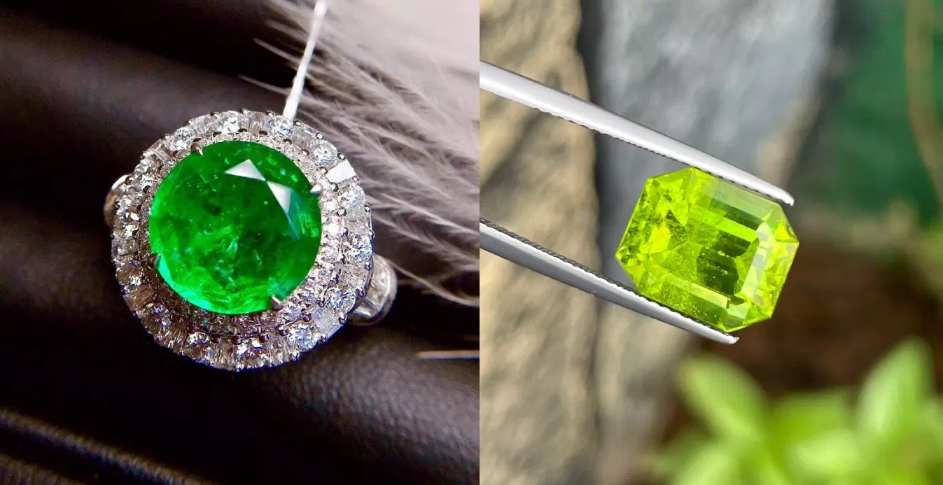 So sánh đá Peridot với Ngọc lục bảo (Ảnh: Internet)