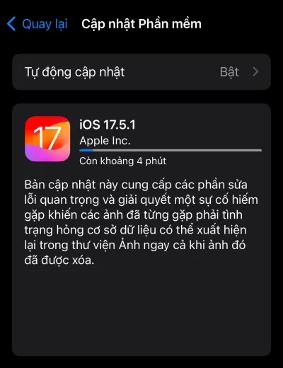 Hình ảnh cập nhật của iOS 17.5.1, Apple đã giải thích về bản cập nhật này (Ảnh: Internet) Hình ảnh cập nhật của iOS 17.5.1, Apple đã giải thích về bản cập nhật này (Ảnh: Internet)